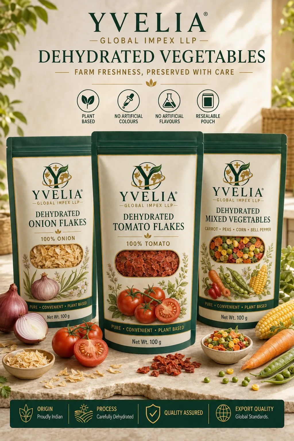 YVELIA dehydrated onion flakes, tomato flakes and mixed vegetables in resealable pouches