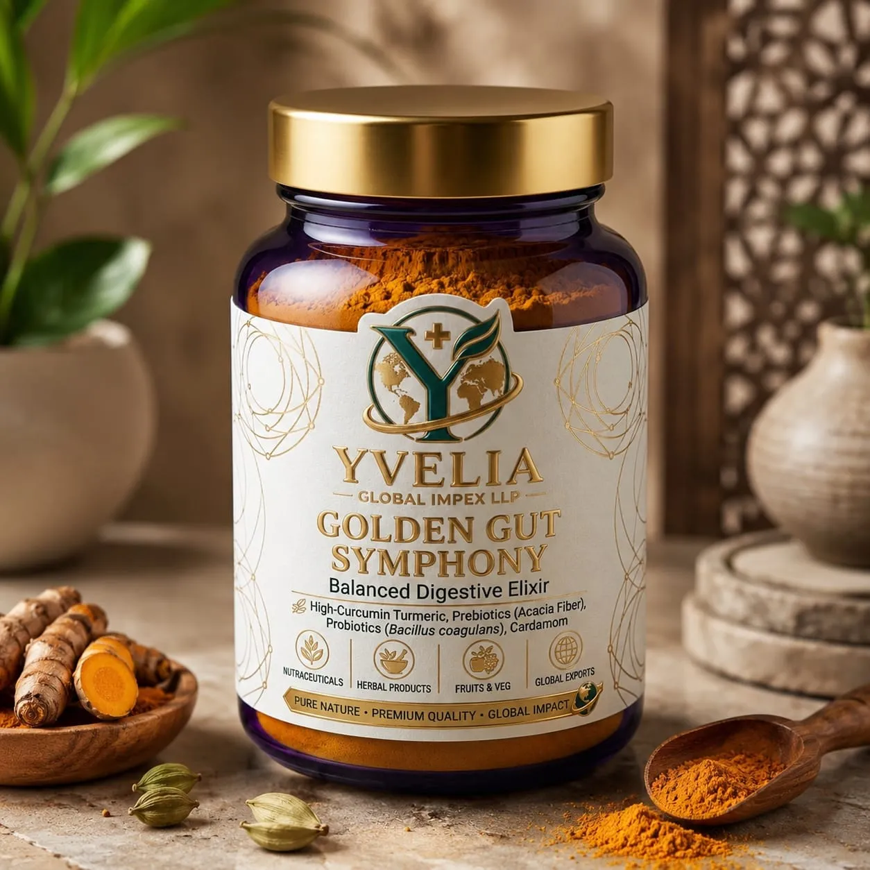 Golden Gut Symphony jar on a styled background