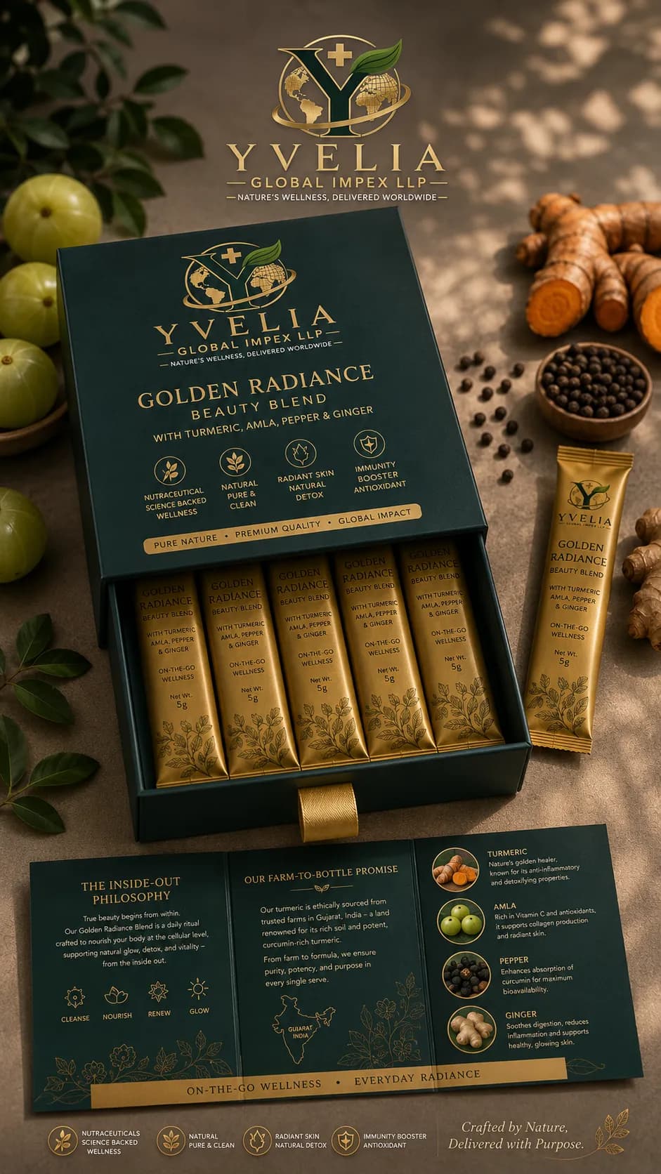Golden Radiance presentation box open showing sticks and ingredient story