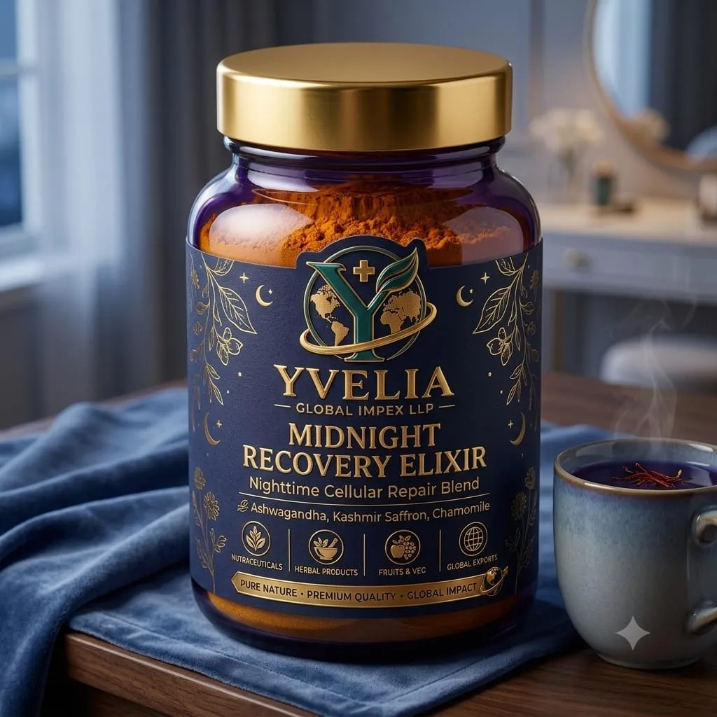 YVELIA Midnight Recovery Elixir jar beside a warm drink