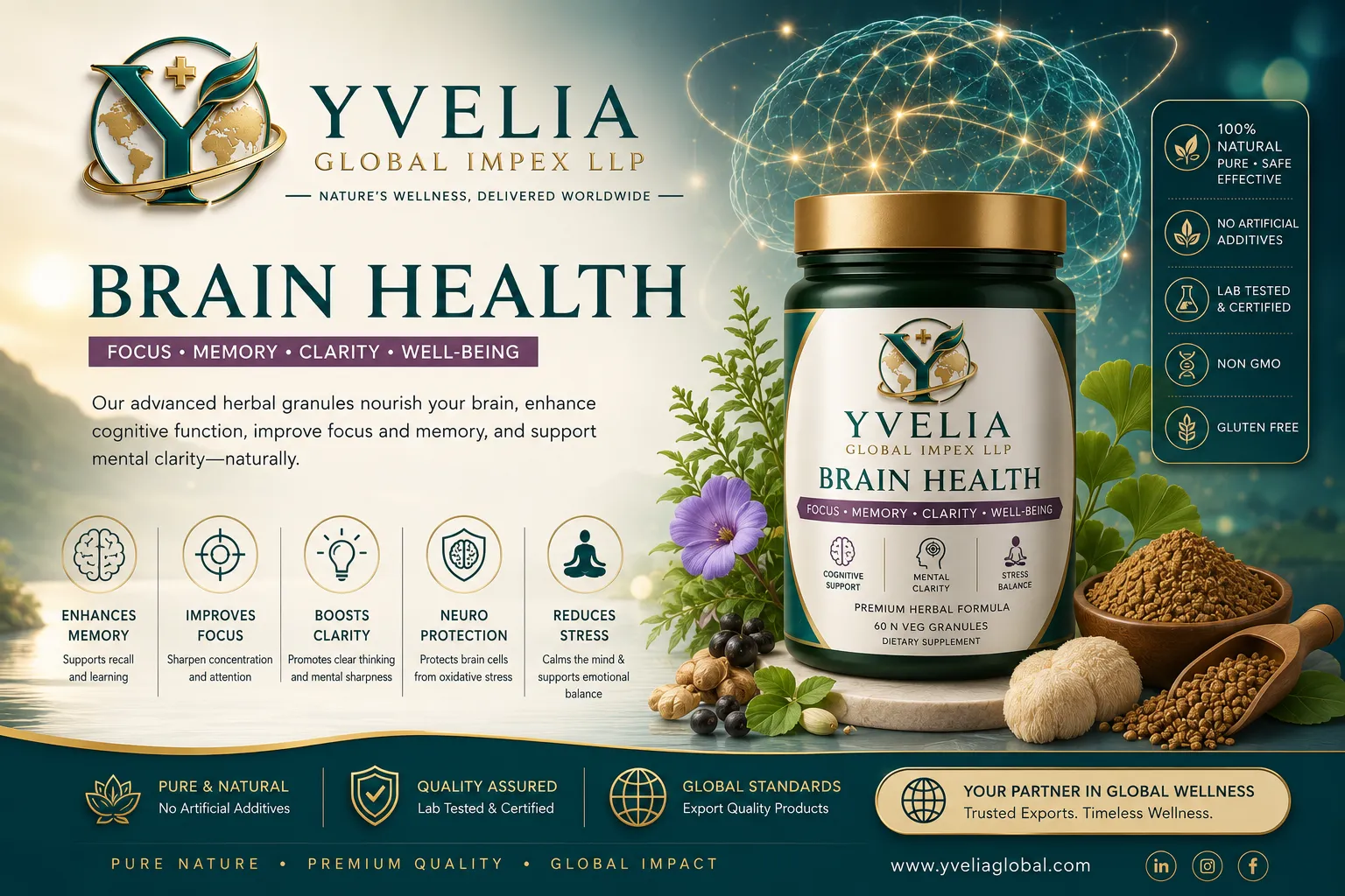 YVELIA Brain Health herbal granules jar with brahmi flowers and lion's mane mushroom