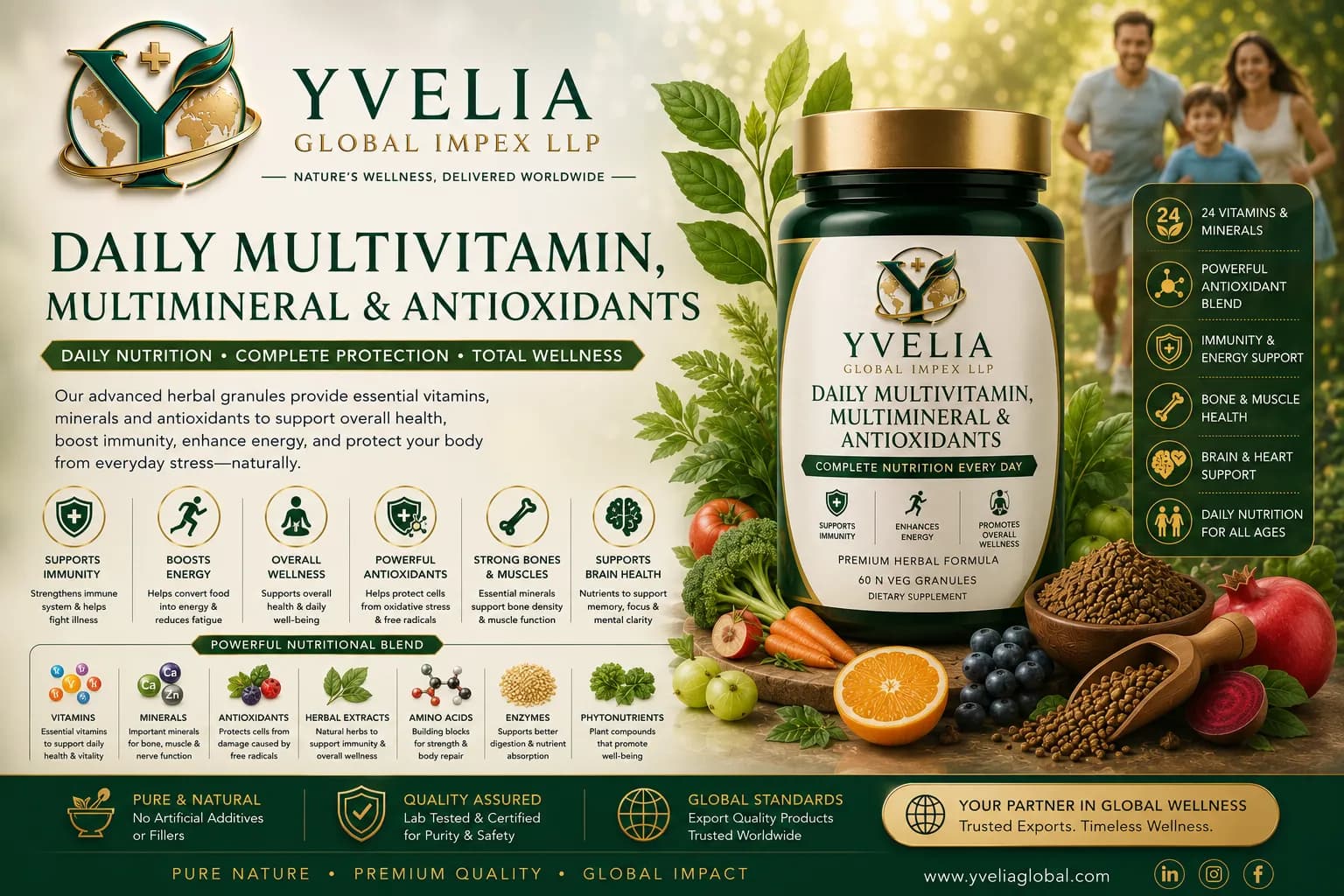 YVELIA Daily Multivitamin, Multimineral and Antioxidants granules jar with a family in the background
