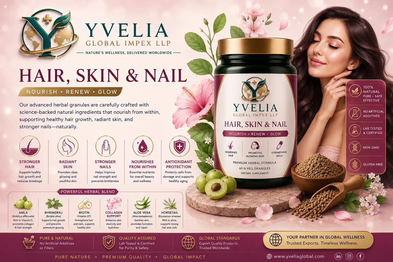 YVELIA Hair, Skin and Nail herbal granules jar with amla, flowers and a woman with glowing skin