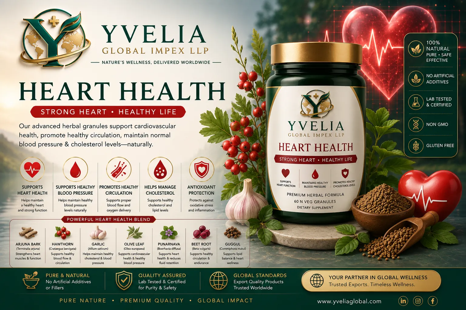 YVELIA Heart Health herbal granules jar with arjuna bark, garlic and hawthorn berries