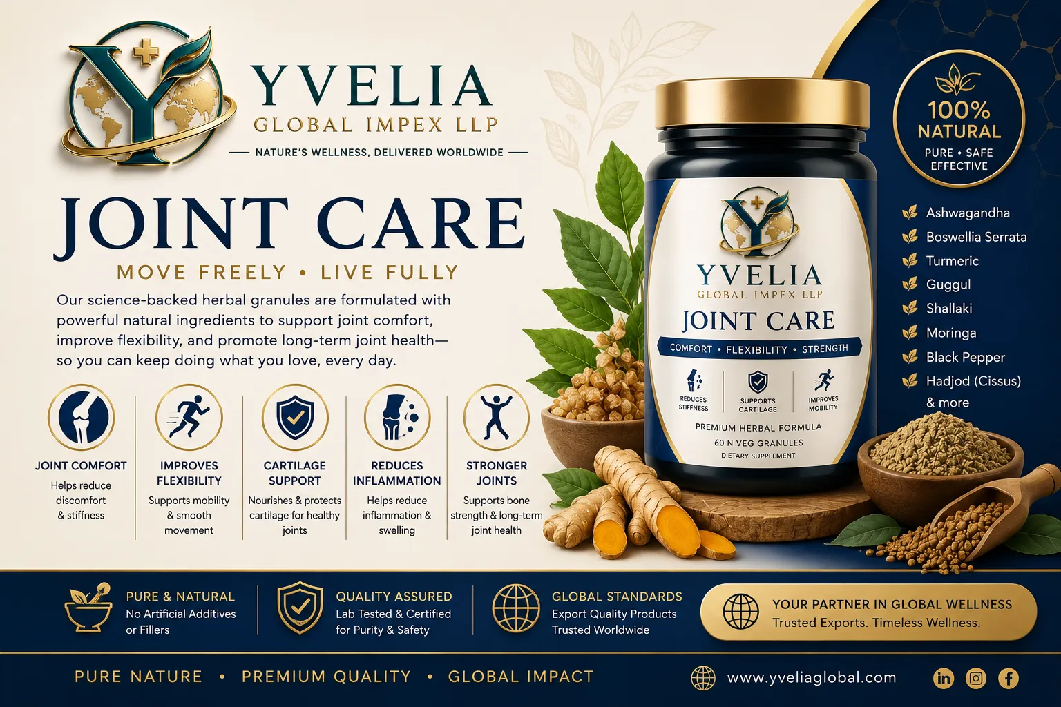 YVELIA Joint Care herbal granules jar in navy packaging with turmeric, ginger and boswellia