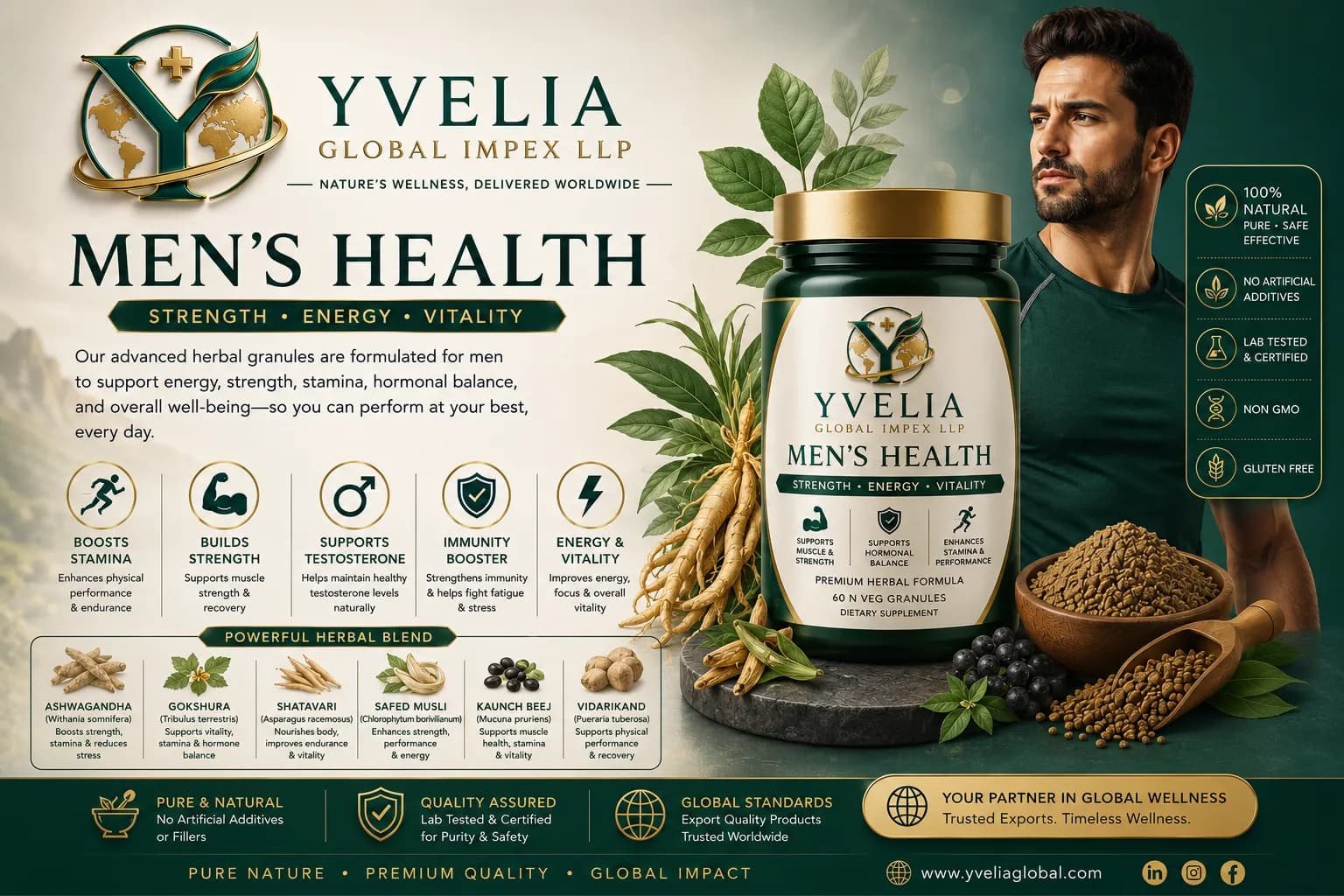 YVELIA Men's Health herbal granules jar with ashwagandha, safed musli and herbal ingredients