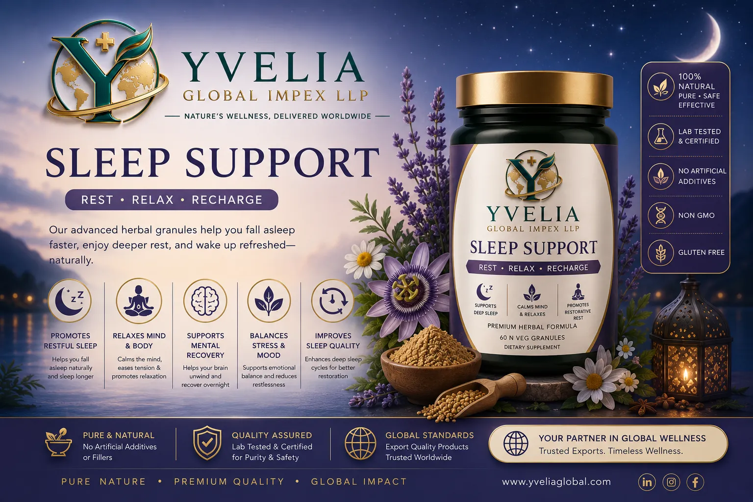 YVELIA Sleep Support herbal granules jar in violet packaging with lavender and passionflower