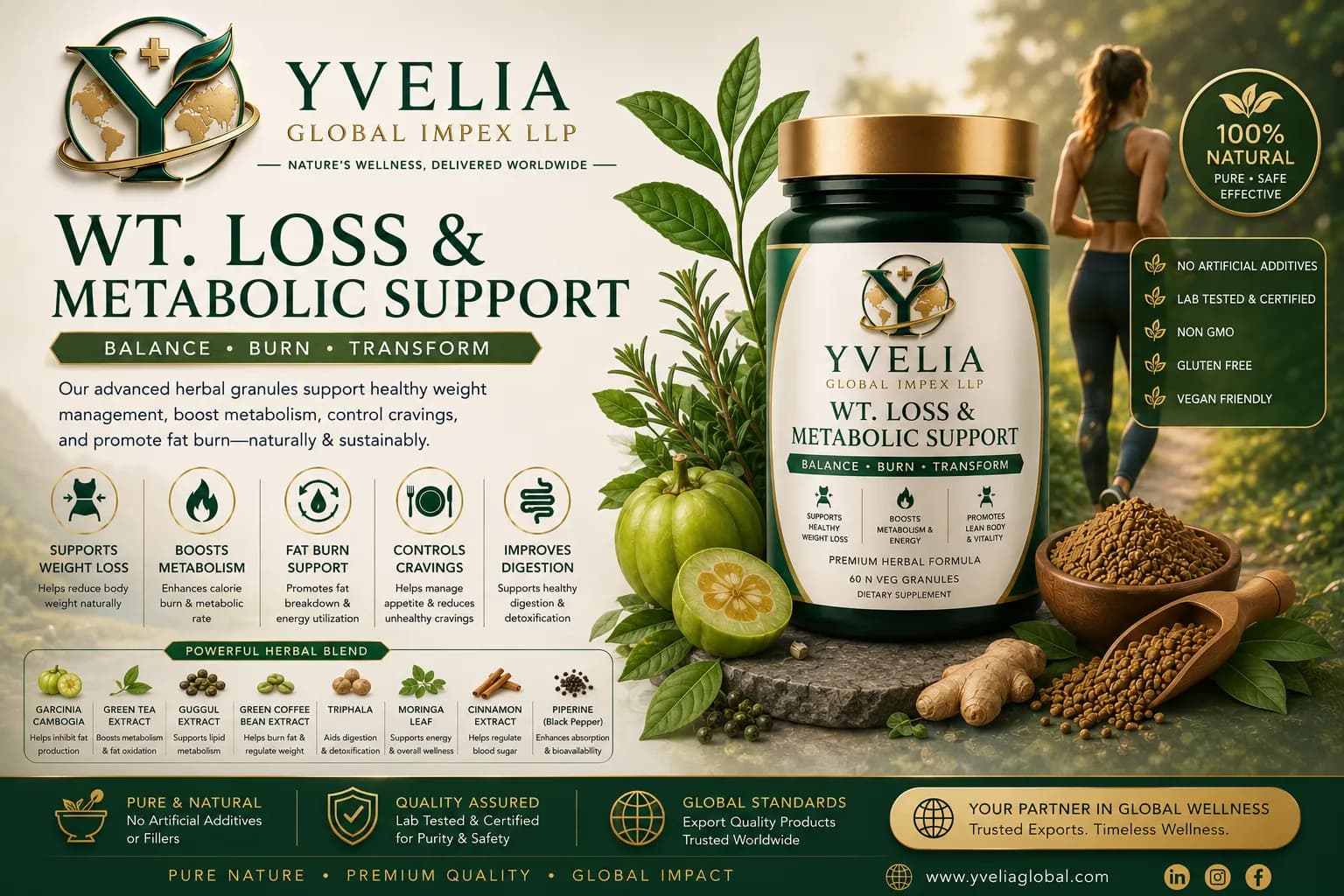 YVELIA Weight Loss and Metabolic Support herbal granules jar with garcinia and green tea