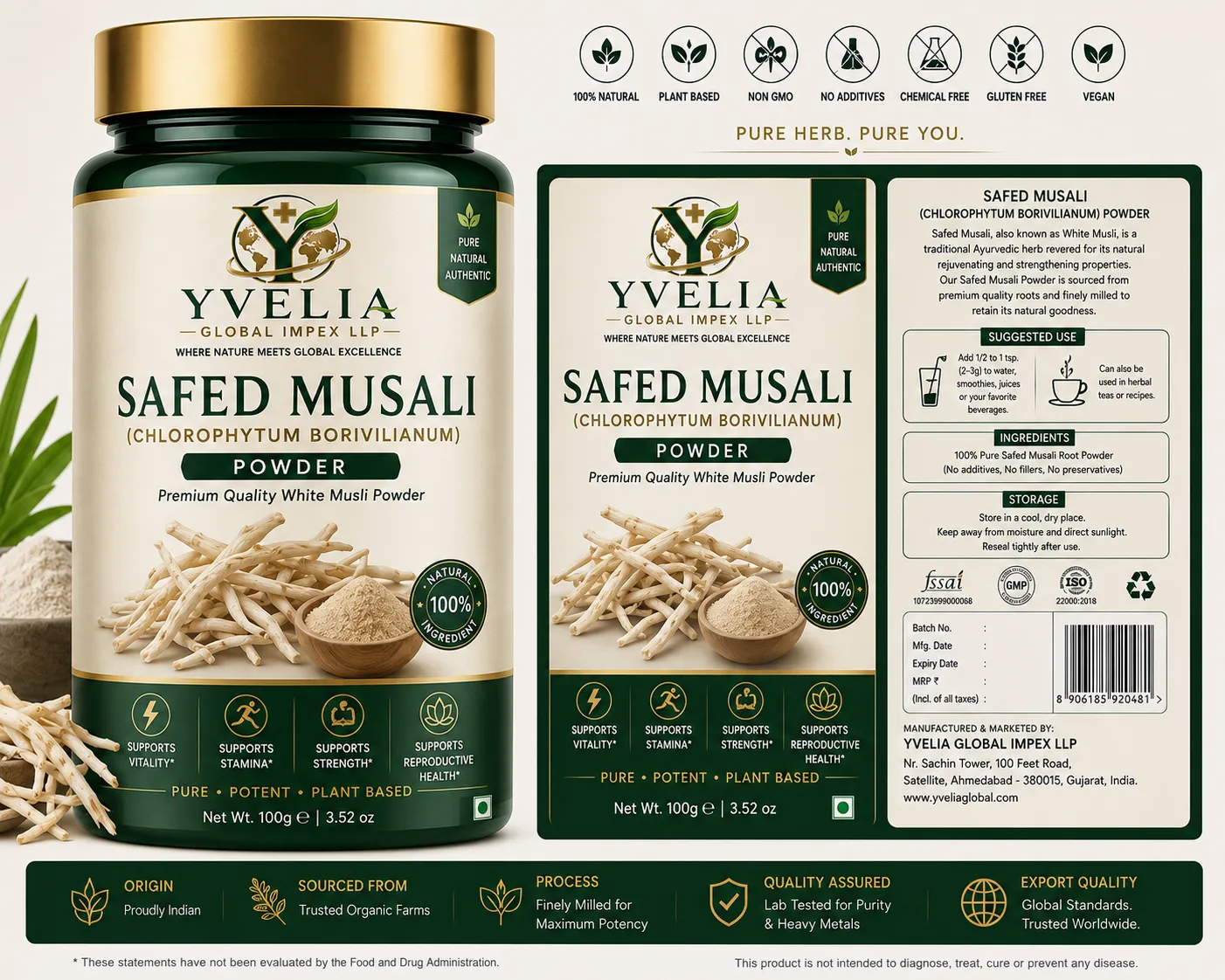 YVELIA Safed Musli (Chlorophytum borivilianum) powder jar with front and back labels