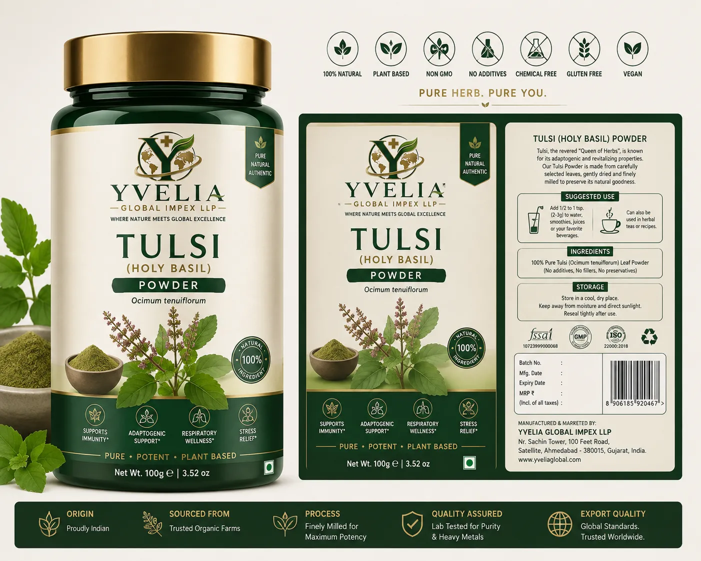 YVELIA Tulsi (holy basil) powder jar with front and back labels and fresh tulsi leaves