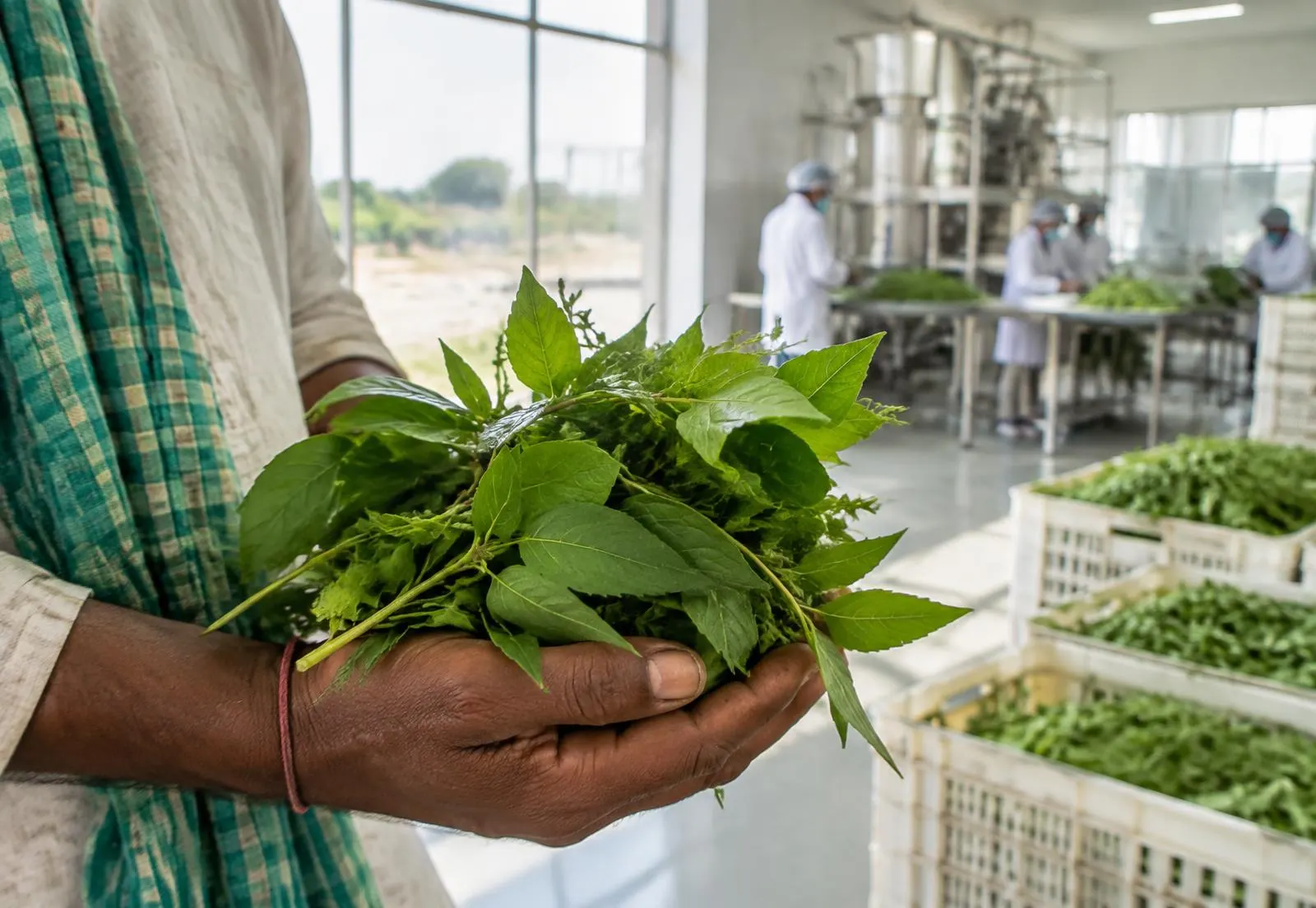 Freshly harvested medicinal leaves arriving at a botanical processing facility