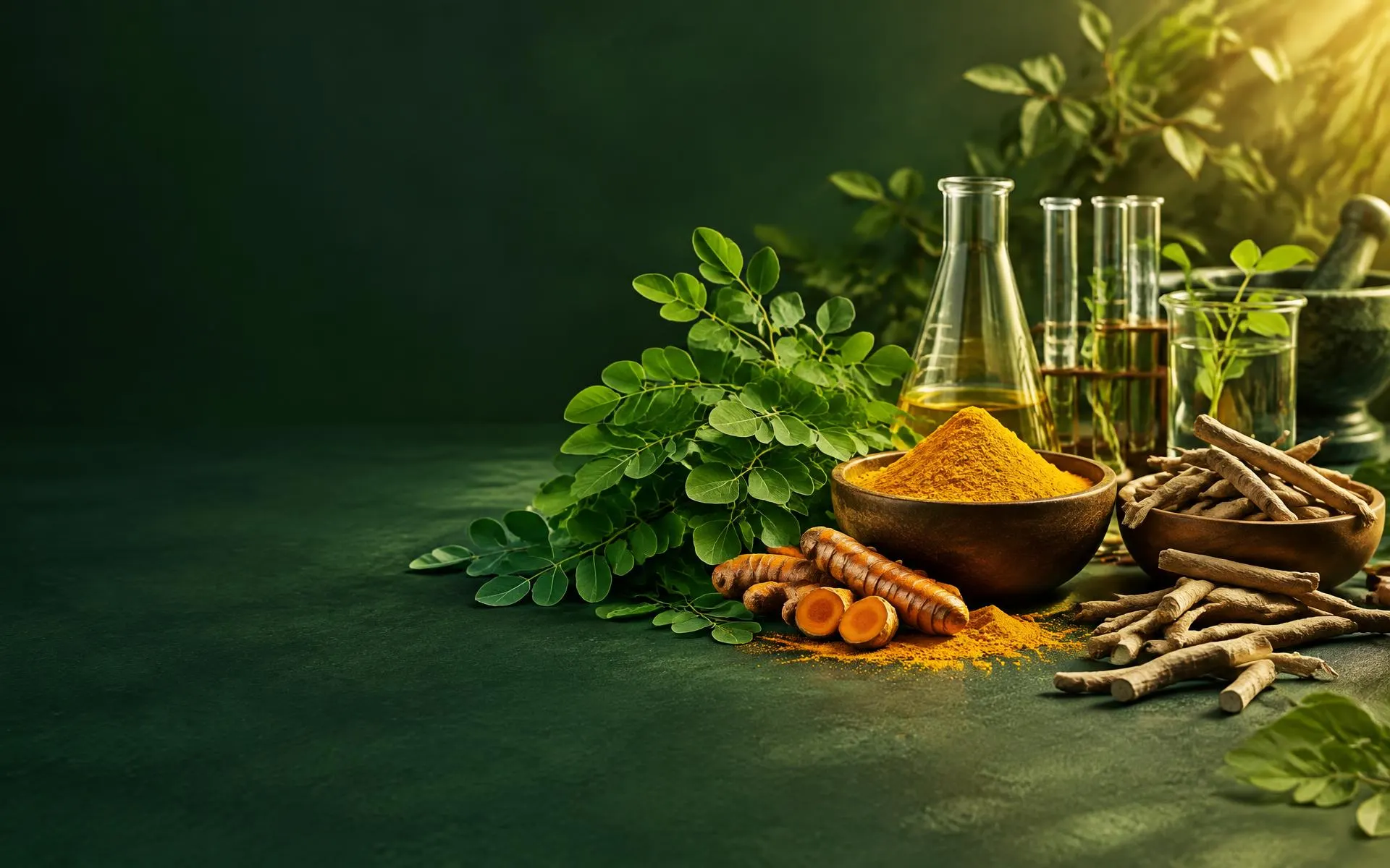 Moringa leaves, turmeric roots and ashwagandha beside laboratory glassware