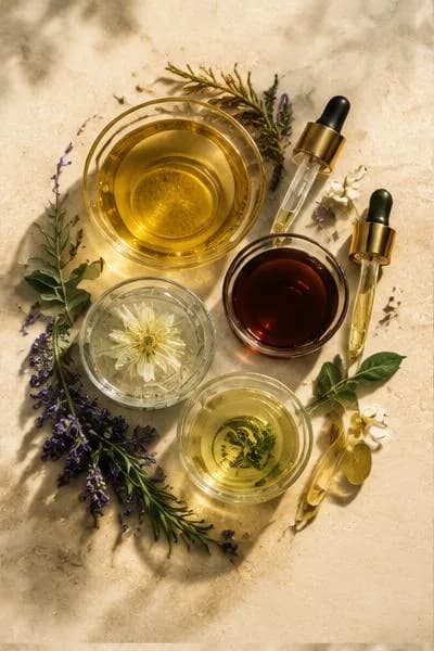 Glass vials of botanical extracts beside dried flowers and herbs