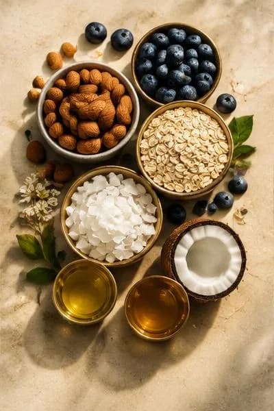 Bowls of whole-food ingredients: almonds, oats, blueberries, coconut and honey