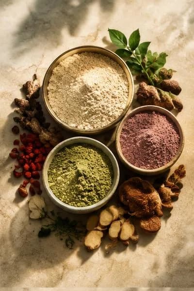 Bowls of botanical powders with dried roots, berries and fresh leaves