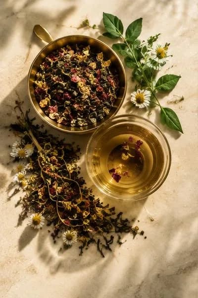 Bowls of herbal tea blends, seeds and botanicals on a linen surface
