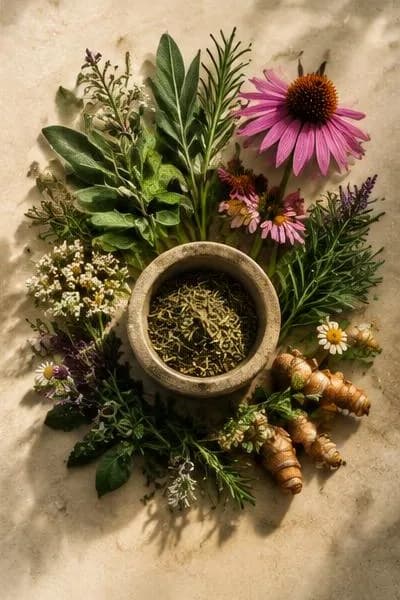 Medicinal herbs, flowers and turmeric roots around a bowl of dried herbs