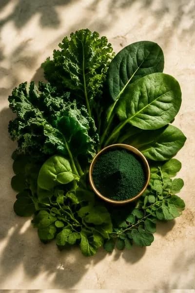 Moringa, spinach and kale leaves around a bowl of green leaf powder