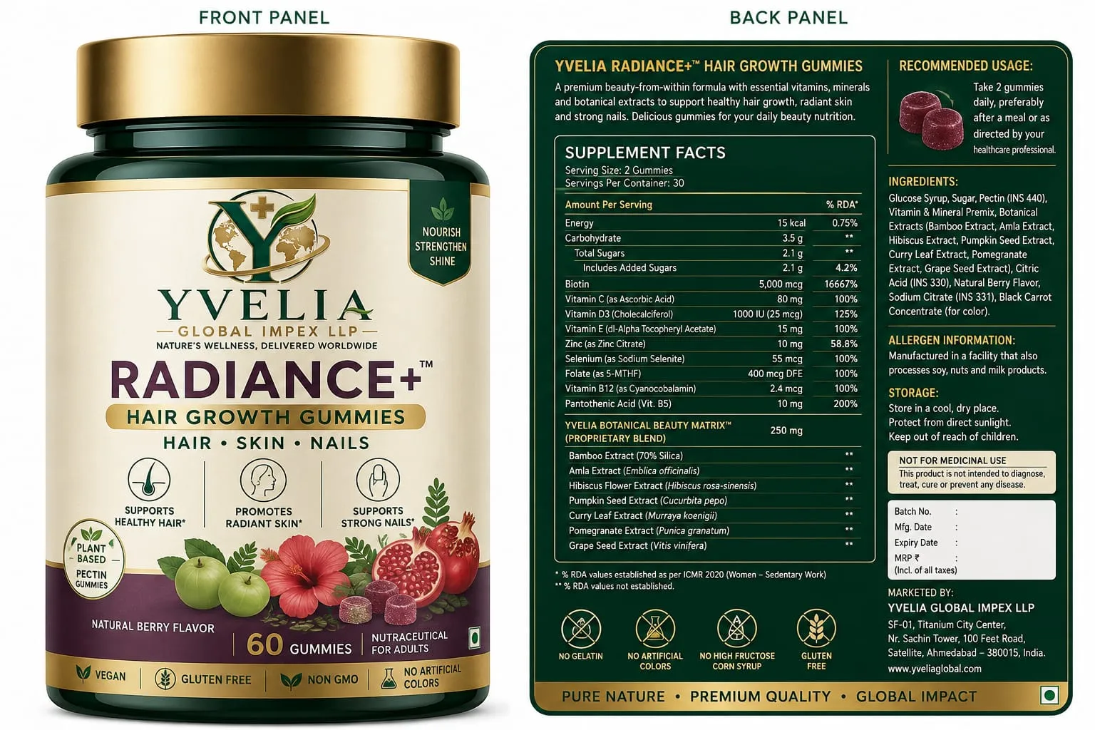 YVELIA Radiance+ hair growth gummies jar, front and back of pack