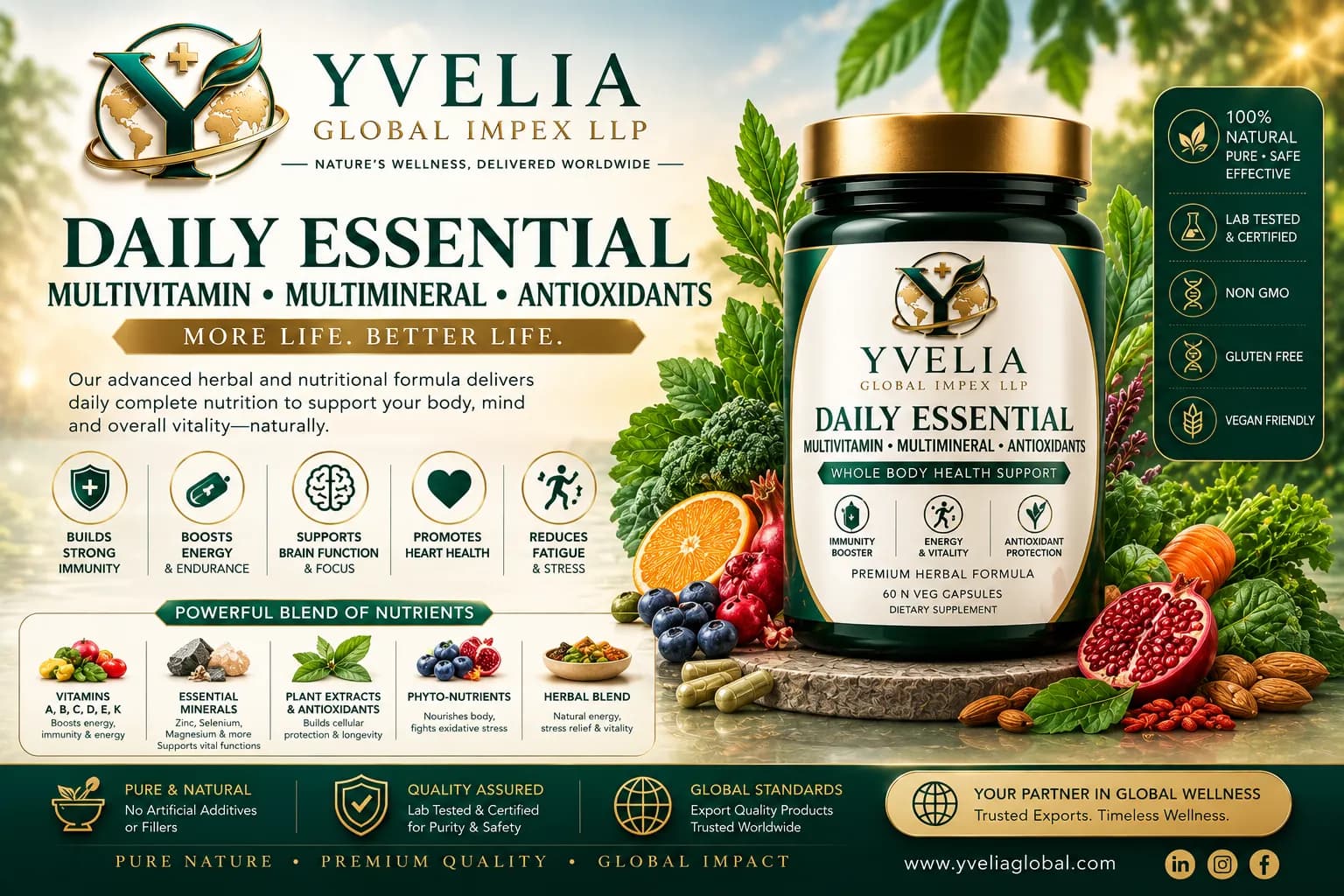 YVELIA Daily Essential multinutrient granules jar with fresh fruit and botanicals