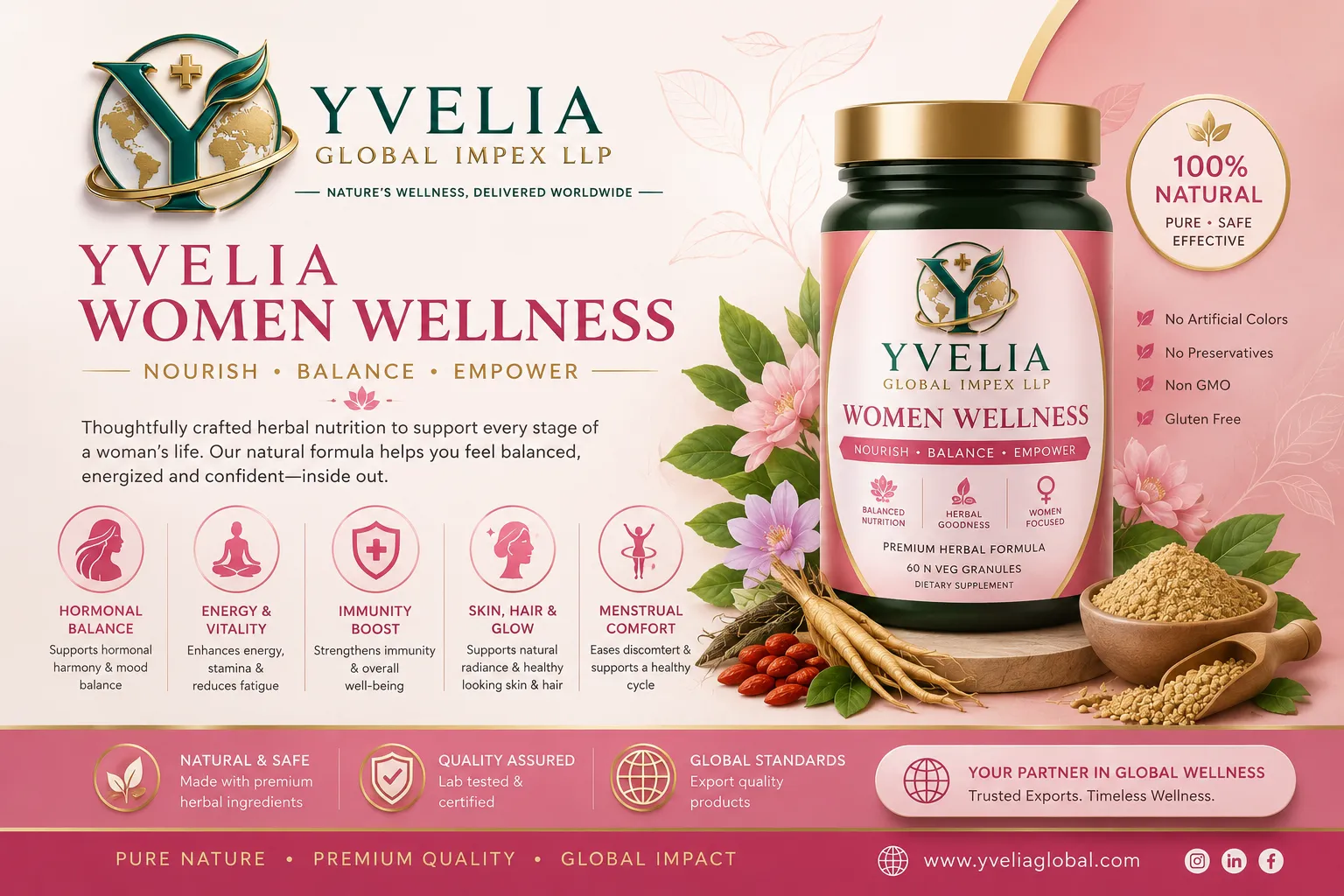 YVELIA Women Wellness herbal granules jar in pink packaging with shatavari