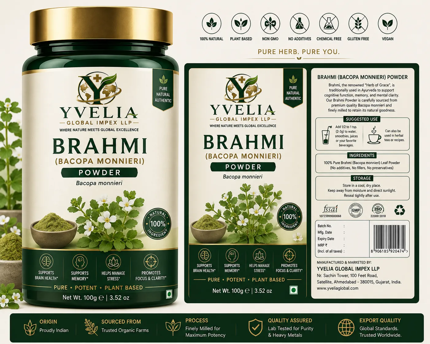 YVELIA Brahmi (Bacopa monnieri) powder jar with front and back label