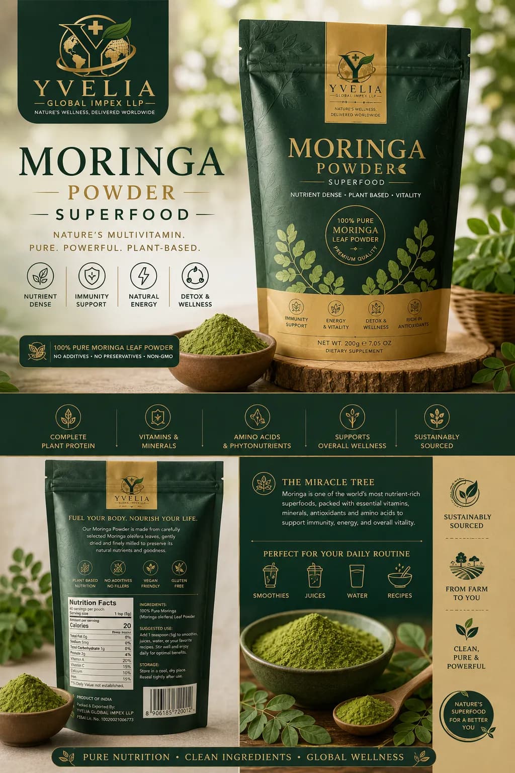 YVELIA Moringa superfood powder pouch and jar with fresh moringa leaves